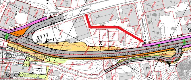 Side 10 av 64 Trafikksikkerhet Bakken - Alternativ 1 Fortau etableres på østsiden av fv. 900 fram til Tordenskiolds gate (vist med rosa farge i Figur 2-10).