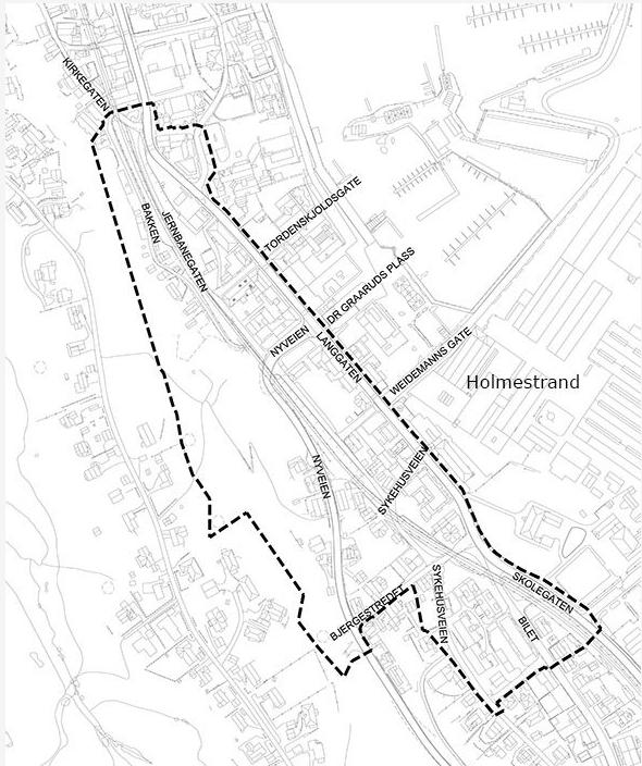 Side 6 av 64 1 INNLEDNING 1.1 Prosjektmål Eksisterende fylkesveg, Langgaten, har til tider store framkommelighetsproblemer og oppleves som en barriere i hjertet av Holmestrand sentrum.