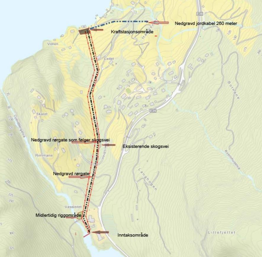 KONSESJONSSØKNAD - HAUGSVÆR SMÅKRAFTVERK 28 2.5 AREALBRUK OG EIENDOMSFORHOLD Arealbruk Inngrep Midlertidig arealbehov (daa) Permanent arealbehov (daa) Ev.