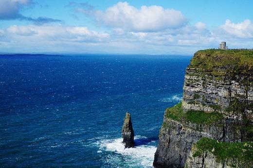 Cliffs of Moher er en av Irlands mest spektakulære attraksjoner. Klippene rager for det meste 215 meter over havet og er ca. 8 km lang.