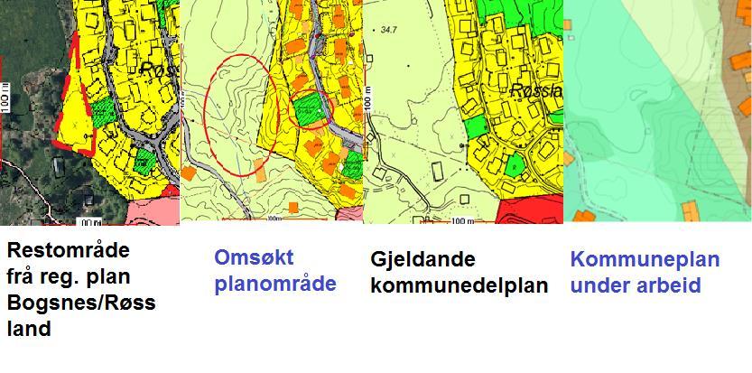 bustadføremål i reg.plan Bogsnes/ Røssland (planid.: 19740002) men er ikkje i trå med føremålet felles leik i reg.plan Røssland A-3 (planid.: 19810009).