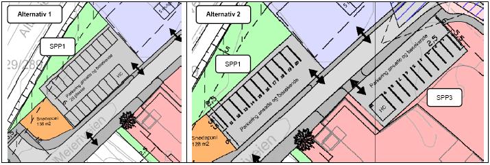 Fig.3: Situasjonskart for brannstasjonens parkeringsplasser i planforslagets to alternativer. Høring/merknader: I henhold til pbl. 12-8 ble reguleringsplanarbeidet varslet i juli 2016.