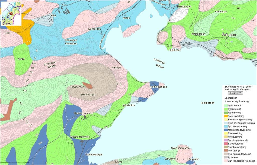 7. Morenemateriale, sammenhengende dekke med stedvis stor mektighet. 1 2 3 4 5 6 7 Figur 3: Løsmassekart fra NGU (2). Rød stiplet linje viser omtrentlig trasé for den planlagte tunnelen.