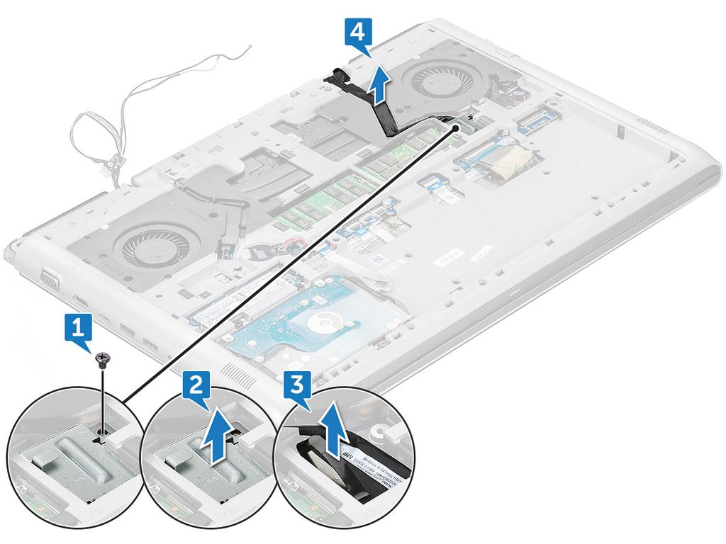 5 Koble fra følgende kabler: a Koble strømkabelen, LED- og tastaturlyskabelen fra kontakten [1].