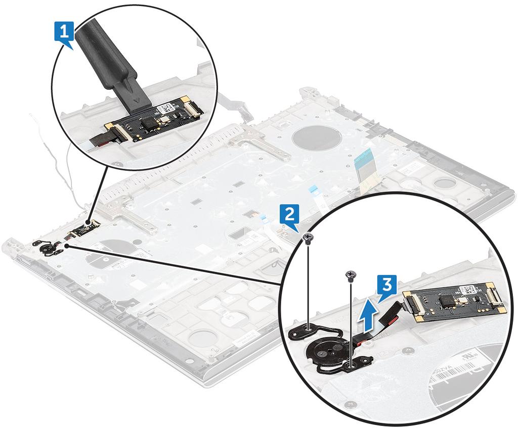 a b c d e f bunndeksel batteri SSD-kort minnemodul bakre deksel bakdeksel 3 Slik fjerner du fingeravtrykksleseren: a Ved hjelp av en plastspiss løfter du fingeravtrykkleserkortet [1].