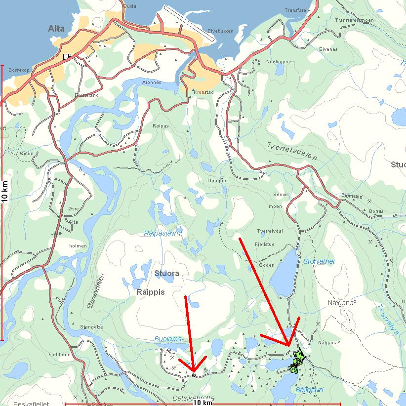 Figur 1: Viser planområdets lokalisering. Parkeringsplass i Detsika og hytteområdet på østsiden av Langvannet.