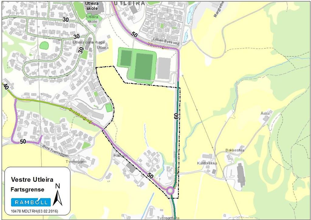 10 2.4 Trafikksikkerhet Det er ikke registrert noen trafikkulykker i området i løpet av de siste ti årene. Fartsgrensen langs Utleirvegen er 60 km/t og Bratsbergvegen sør for rundkjøringen er 60 km/t.