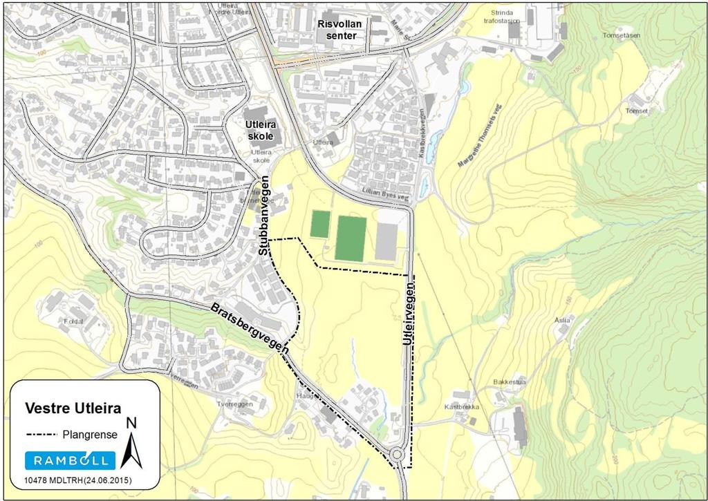 5 2. DAGENS SITUASJON Planområdet begrenses av Utleirvegen i øst, Bratsbergvegen i sørvest og boligområde ved Stubbanvegen i nordvest.