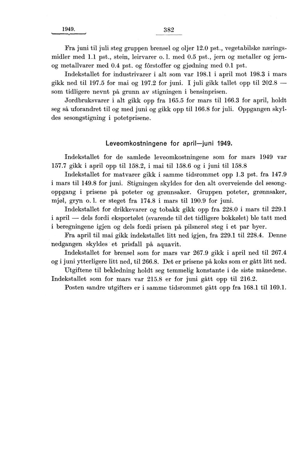 1949. 382 Fra juni til juli steg gruppen brensel og oljer 12.0 pst., vegetabilske næringsmidler med 1.1 pst., stein, leirvarer o. 1. med 0.5 pst., jern og metaller og jernog metallvarer med 0.4 pst.