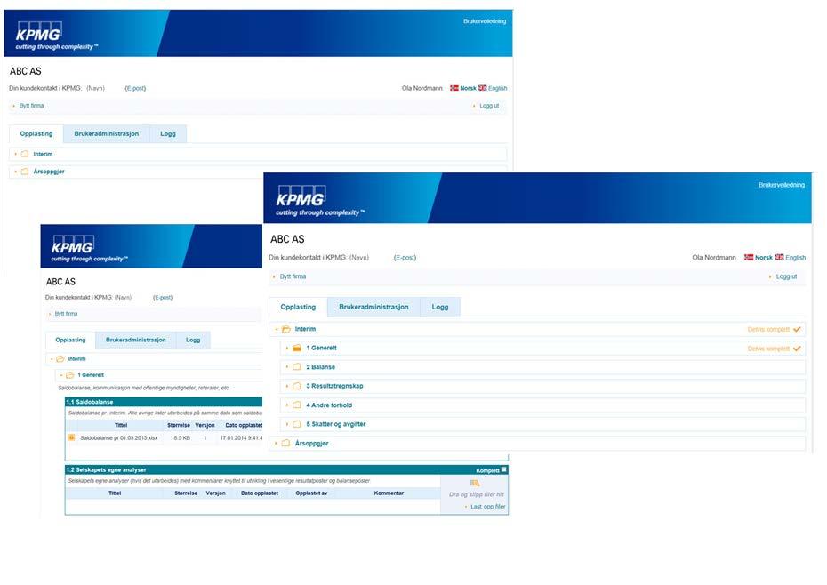 KPMG Kundeportalen KPMG Kundeportal er en webbasert filopplastingsportal hvor våre revisjonskunder kan laste opp og overføre sin dokumentasjon sikkert og effektiv til oss i henhold til skreddersydde