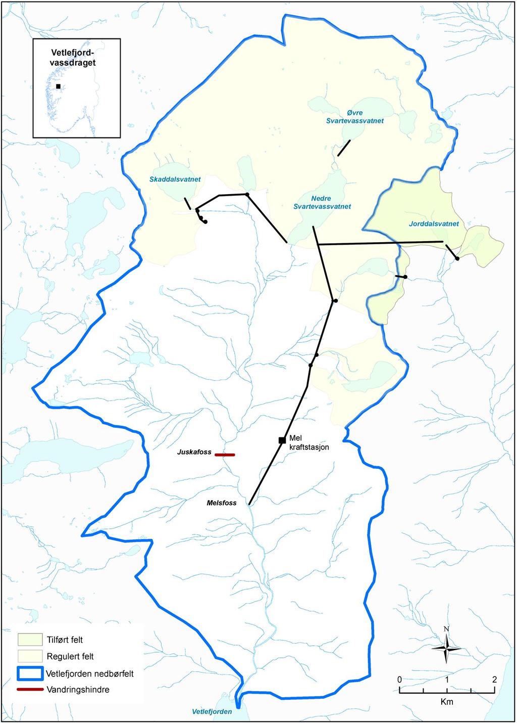 Figur 1. Nedbørfeltet til Vetlefjordelvi, med reguleringane til Mel kraftverk (frå www.nve.