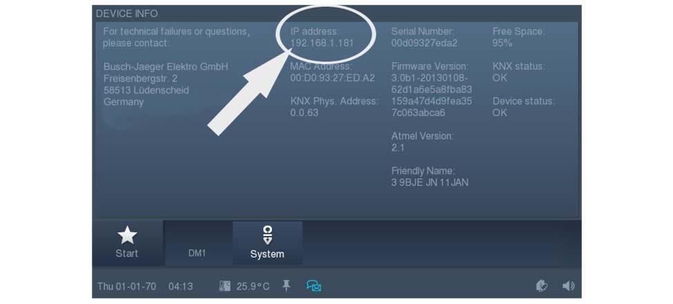 Igangsetting uten Cloudtilkobling 4. Inntastingsfeltet for inntasting av IP-adressen til panelet vises. IP-adressen kan på Busch- finnes via System -> Apparatinformasjon. Fig.