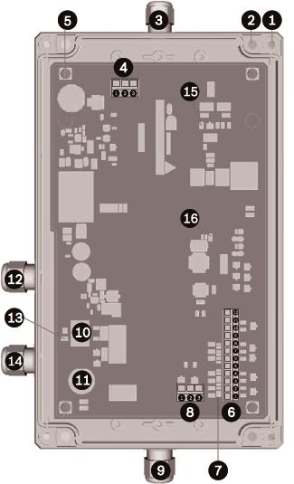 MIC Alarm-Washer Interface Unit MIC-ALM-WAS-24 Layout nn 11 5 MIC-ALM-WAS-24 Layout Figuren under illustrerer oppsettet av MIC-ALM-WAS-24 med PCBA og fire (4) kabelnipler installert.