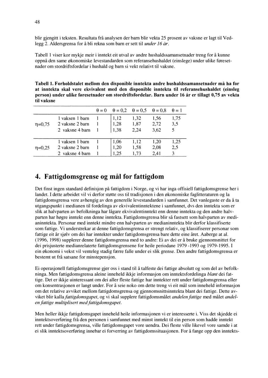 48 blir gjengitt i teksten. Resultata frå analysen der barn blir vekta 25 prosent av vaksne er lagt til Vedlegg 2. Aldersgrensa for å bli rekna som barn er sett til under 16 år.