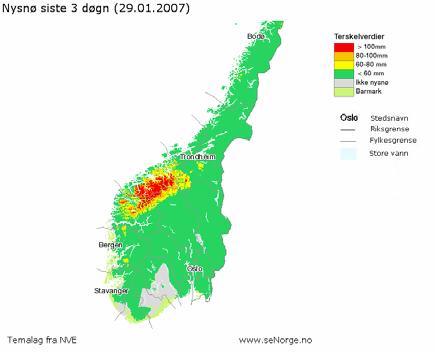 Terskelverdier på temalag Nysnø siste døgn