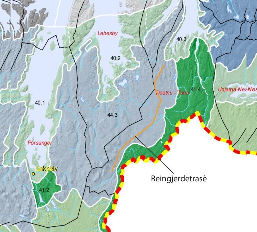 Konsekvensutredning for reingjerde mellom Rv 98 Ifjord - Darjohka 18 viddeterreng finnes flere steder sammenhengende urer som går rett ned på elvebredden der dalene er på det smaleste.