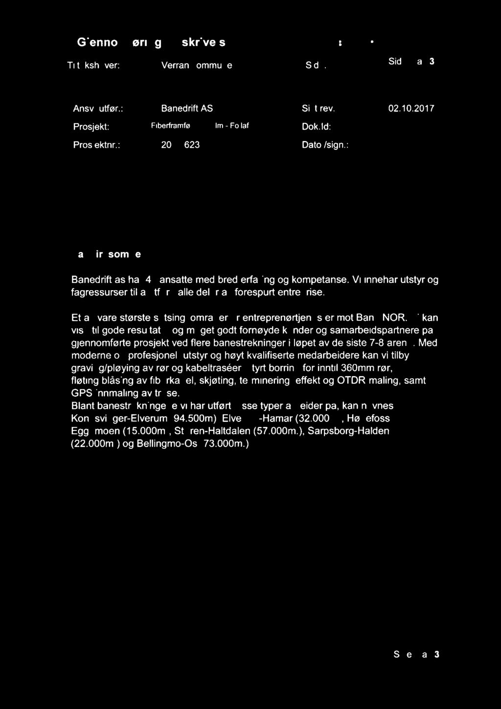 Gjennomfarngsbeskrvese BANEDRIFT AS Ttakshaver: Verran kommune Sde: Sde 2 av 3 Ansv. utfør.: Banedrft AS Sst rev. 02.10.2017 Prosjekt; Fberframførng Mam - Foafoss Dok_d; Prosjektnr.