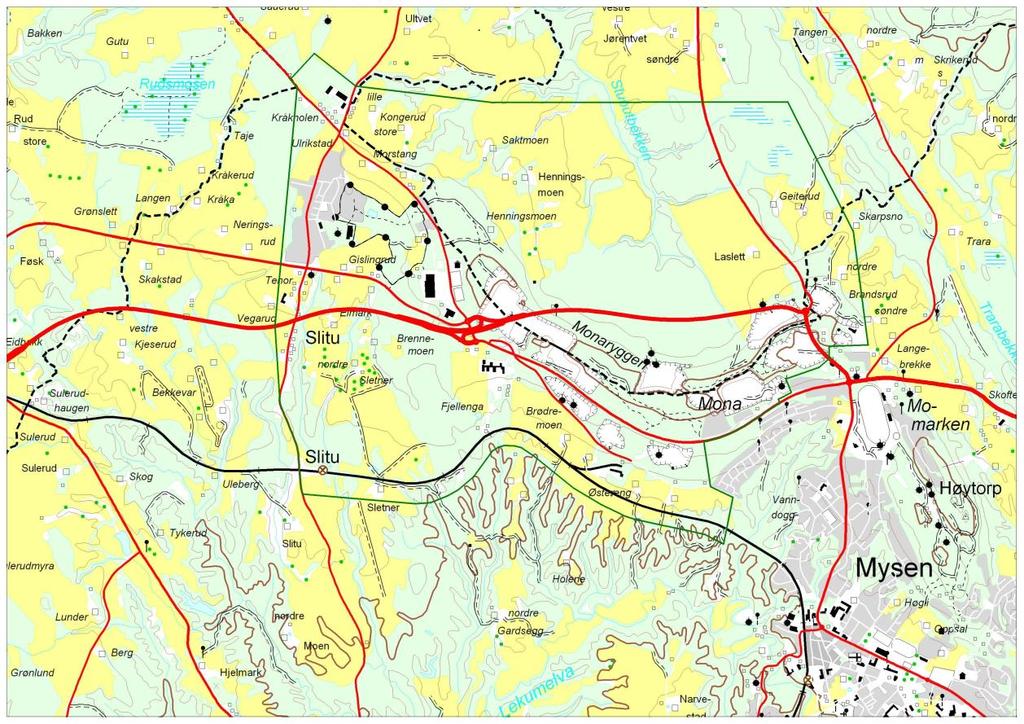 3. Beskrivelse av planområdet Avgrensing Planområdet ligger i Trøgstad og Eidsberg kommune i Østfold fylke, se kart, og omfatter områdene nord og sør for nye E18 mellom Momarken og Slitu.