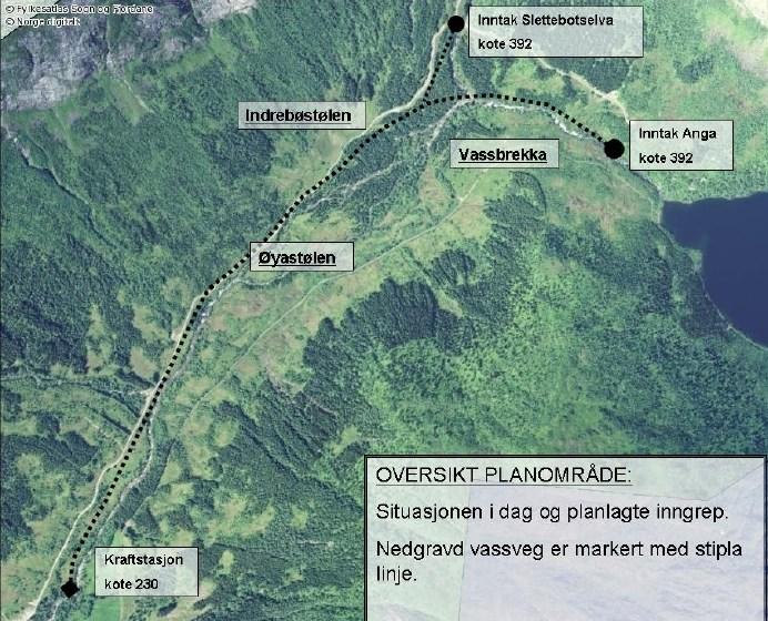 Prosjektet er planlagt med to inntak, hovudinntak i Anga og eit litt mindre inntak i Stoelva. Det skal støypast betongtersklar over elvane, lengde ca. 30 meter i Anga og ca. 15 meter i Stoelva.