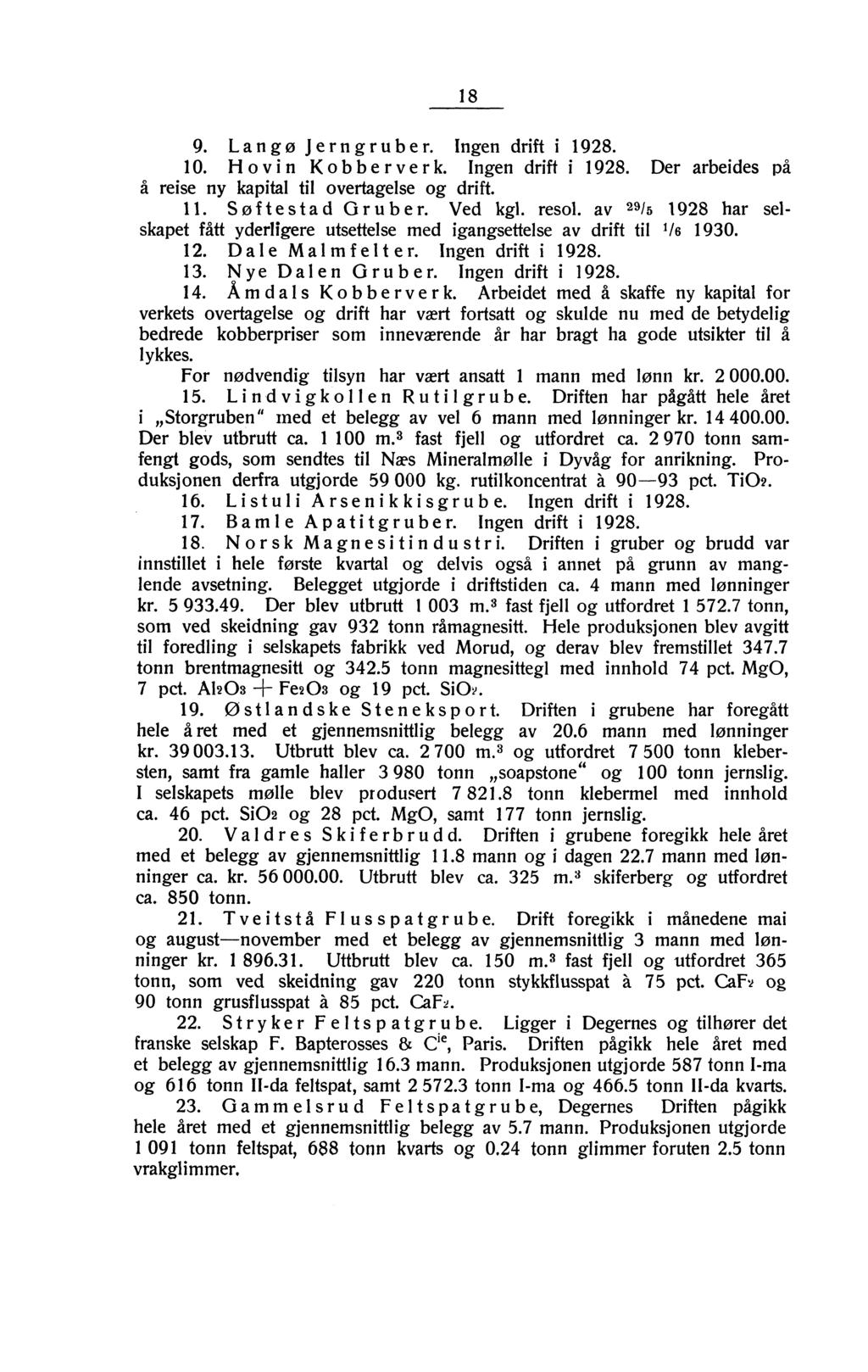 18 9. Lan go Jerngruber. Ingen drift i 1928. 10. Hovin Kobberver k. Ingen drift i 1928. Der arbeides på å reise ny kapital til overtagelse og drift. 11. S of t est a d Grub e r. Ved kgl. resol.