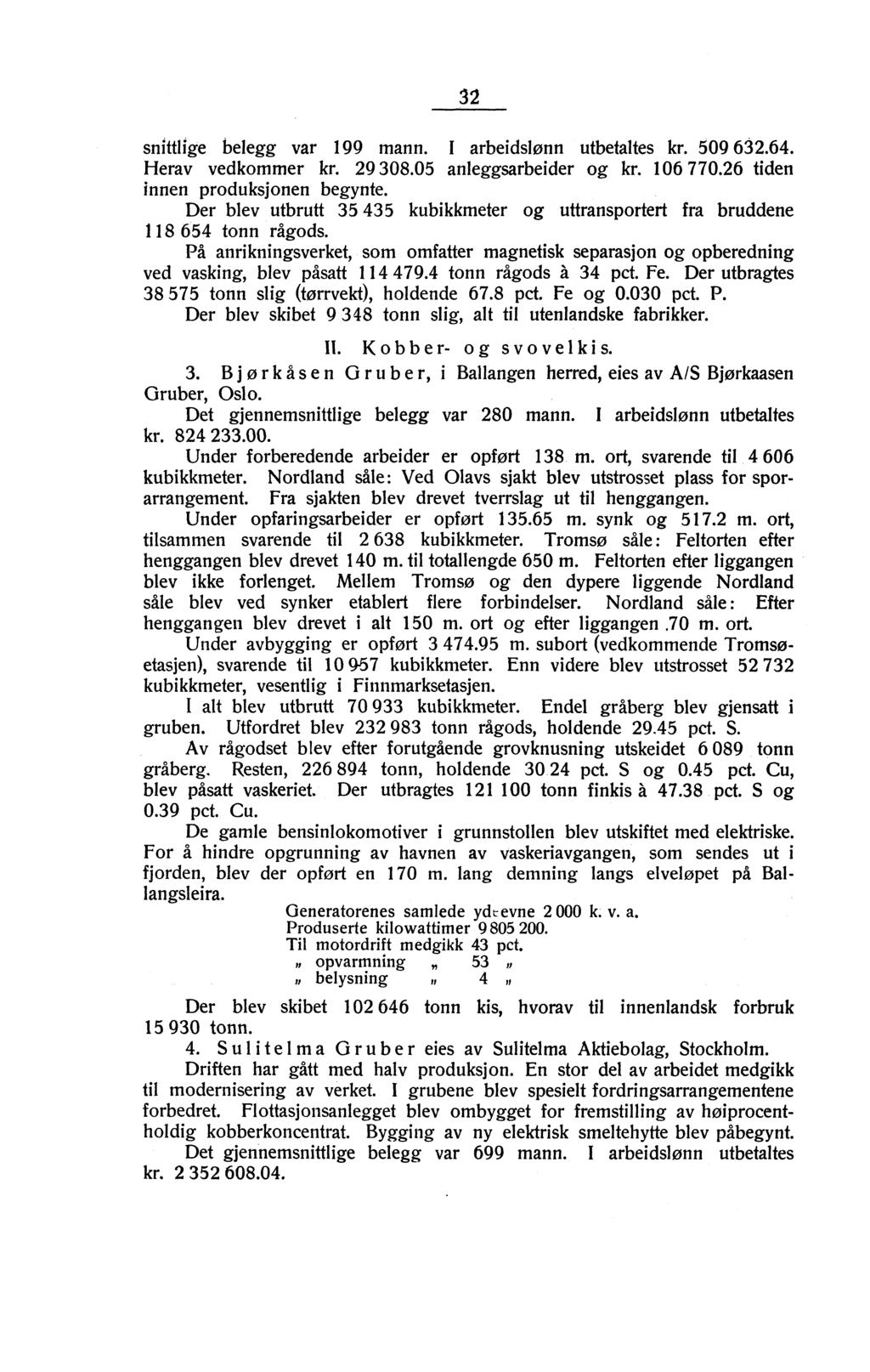 32 snittlige belegg var 199 mann. I arbeidslønn utbetaltes kr. 509 632.64. Herav vedkommer kr. 29 308.05 anleggsarbeider og kr. 106 770.26 tiden innen produksjonen begynte.