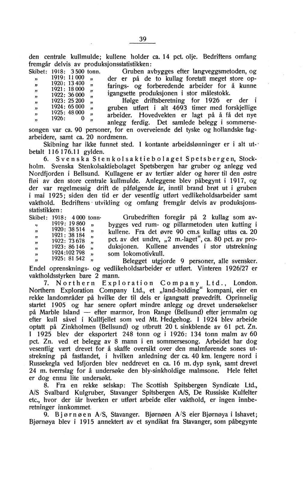 den centrale kullmulde; kullene holder ca. 14 pct olje. Bedriftens omfang fremgår delvis av produksjonsstatistikken: Skibet: 1918: 3 500 tonn.