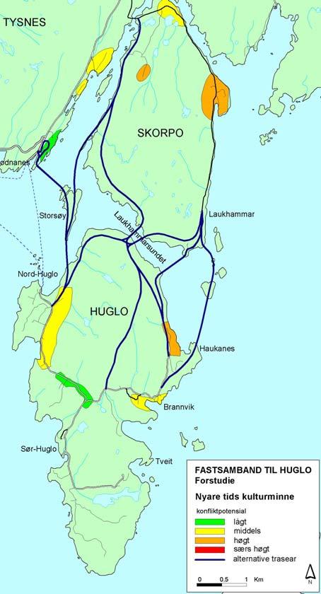 Som nemnt i avsnittet om naturmiljø, ligg veglina som er teikna inn for fylkesvegsamband til Huglo ikkje i same område som vurderte korridor i stamvegutgreiinga for E39.