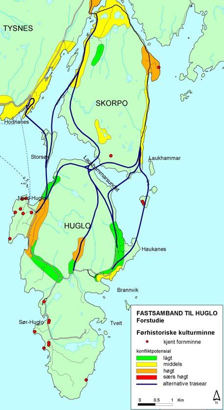 Verknadene for det totale landskapsbilete er truleg større for ein fylkesveg nær sjøen enn for ein trase lenger inn på Skorpo. 3.