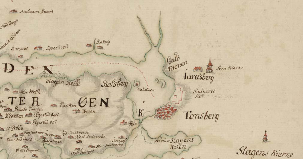 Figur 6 6 Planområdet i ander halvdel av 1700 tallet. Utsnitt fra kartet Fridrichøer Fridrichhavn av T. i. Outerloo, 1771. Kartet viser egnede vinterhavner for kongens skip. (Kartverket.no) 6.2.