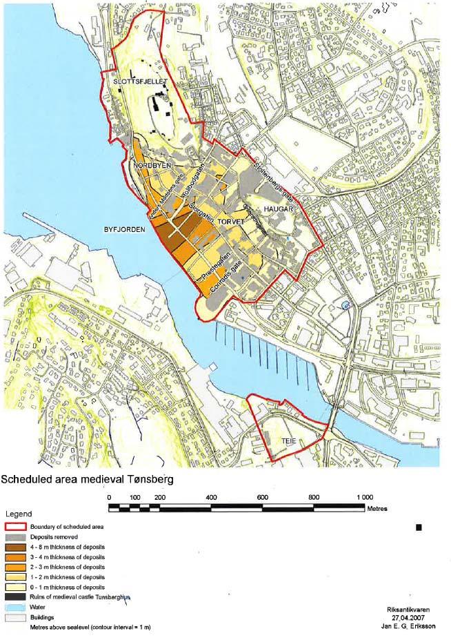 Illustrasjonen viser kulturlagenes utbredelse og tykkelse Innenfor middelalderbyens avgrensing er det flere kulturminner som er fredet på eget grunnlag.