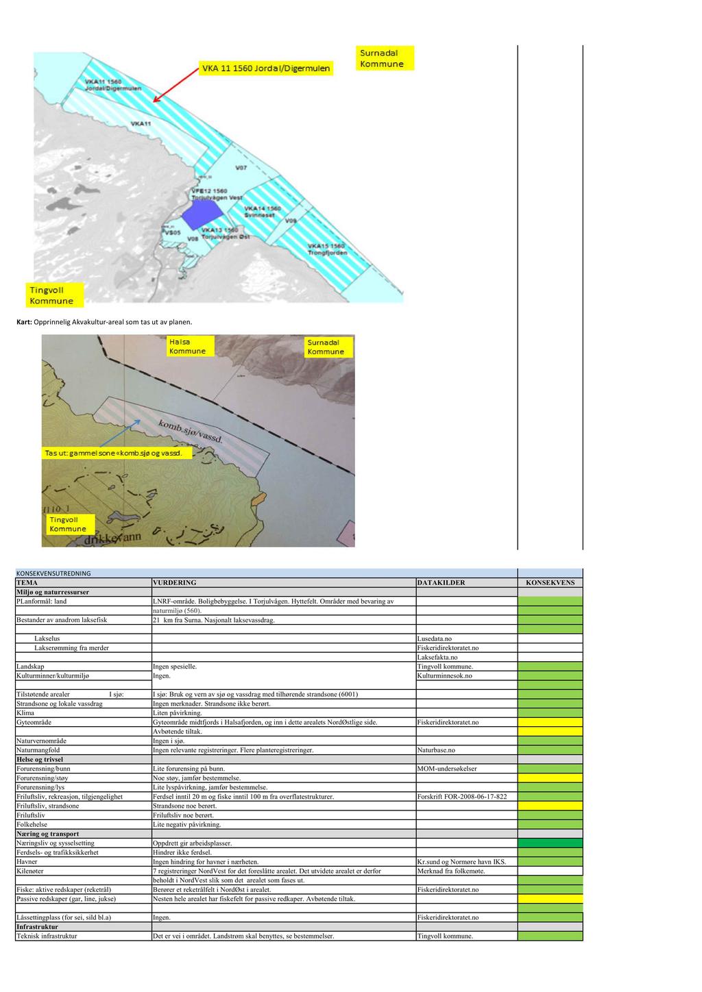 Kart:OpprinneligAkvakultur-arealsomtasut avplanen. KONSEKVENSUTREDNING PLanformål: land LNRF-område. Boligbebyggelse.I Torjulvågen. Hyttefelt. Områder med bevaring av naturmiljø (560).