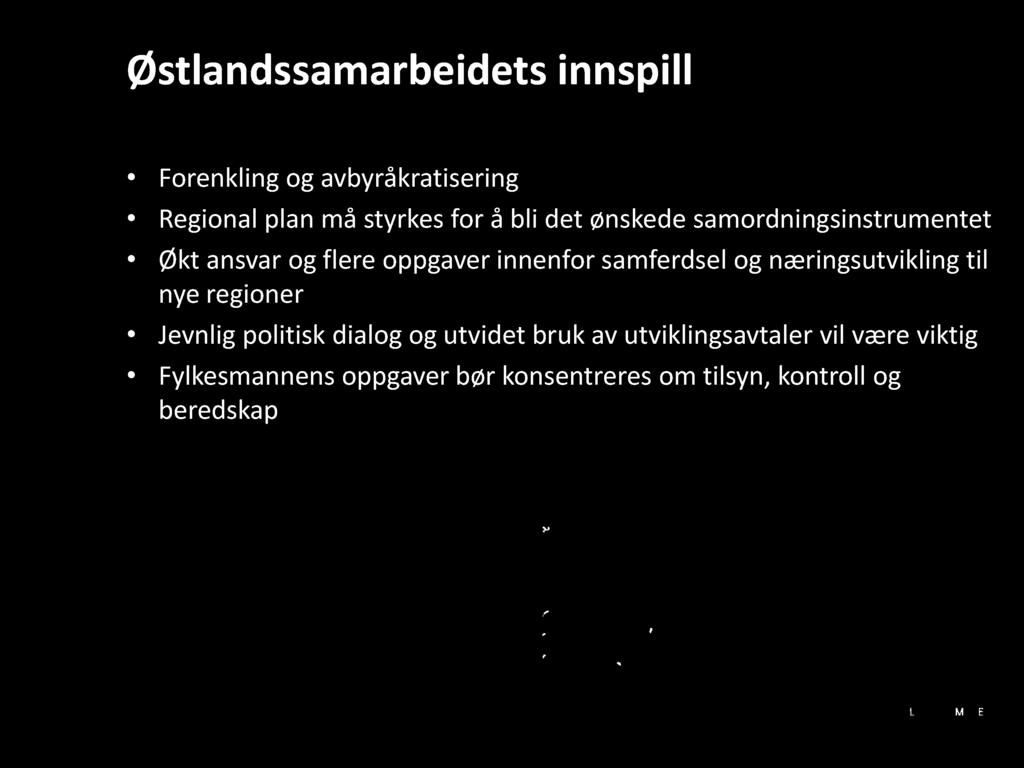 Østlan dssamarbeidets inn spill Forenkling og avbyråkratisering Regional plan må styrkes for å bli det ønskede samordningsinstrumentet Økt ansvar og flere oppgaver innenfor samferdsel