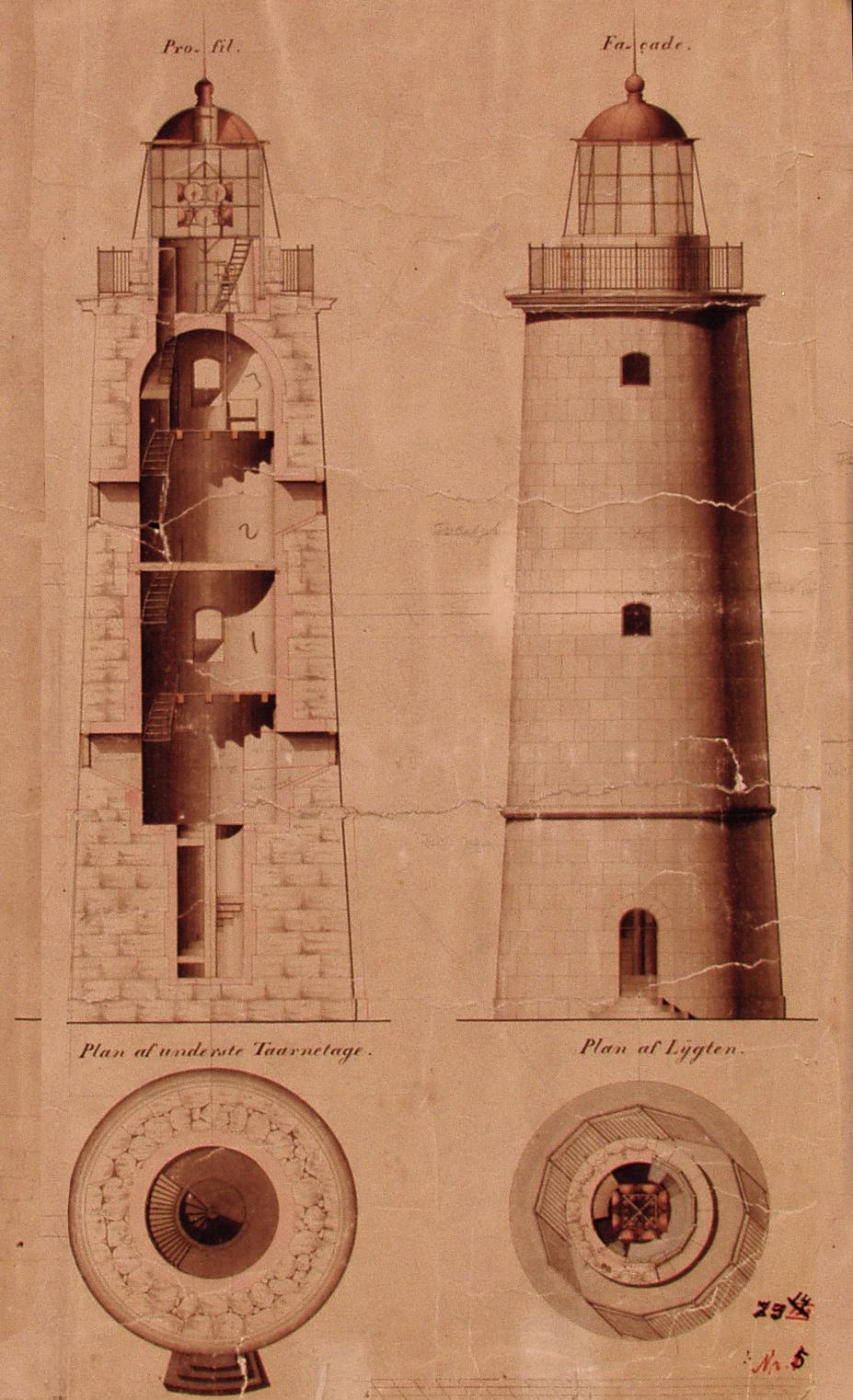 Gammel tegning av fyrtårnet, opprinnelig høyde.