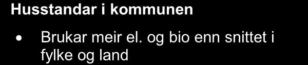 Tala kjem frå SSB. Kommunen Fylket Landet Energibruk husstandar 2010 kwh Kommunen 27 516 Fylket 23 171 Landet 20 879 Husstandar i kommunen Brukar meir el.