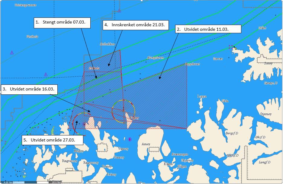 Figur 1: Stengninger og endringer av områder i loddefisket i Barentshavet i 2015. Kilde: Sjøtjenesten Det ble fra starten av året avsatt 500 tonn torsk for å dekke innblanding av torsk i loddefisket.