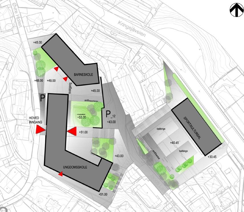 Alternativ 3 Både barne- og ungdomstrinnet er plassert på øvre tomt. Hovedinngang fra Øvre Holen. Parkeringsplasser legges under barneskolebygget.