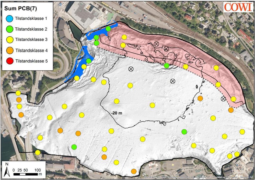 Figur 10 Kartet viser innhold av PCB 7 i sedimentprøver fra Store Lungegårdsvann. Lokaliteter markert med x indikerer at det ikke var mulig å få hentet opp sedimenter med grabb.
