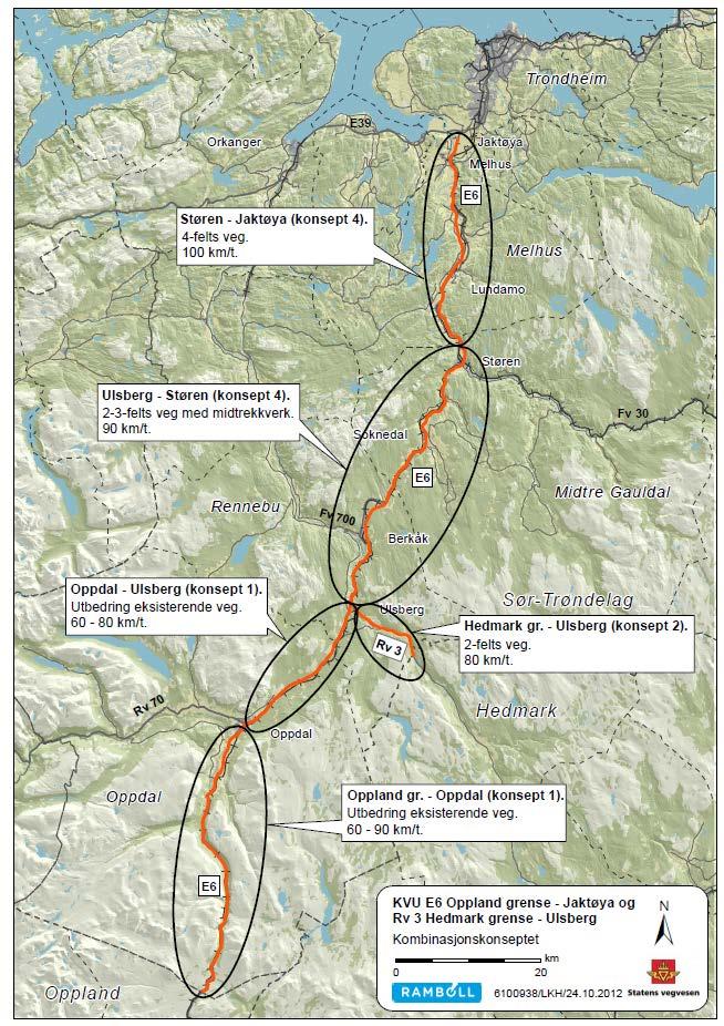 E6 Oppland grense Jaktøya/Rv3 Hedmark grense Ulsberg «Kombinasjonskonseptet» E6 Ulsberg Jaktøya (lengde 77 km): Sammenhengende midtrekkverk.