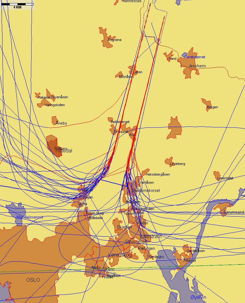 9.3.2 Landinger, rapportering ihht 9, Forskrift om støyforebygging, Gardermoen Jetflylandinger fra sør med sen tilslutning til ILS-glidebanen Figur 6.