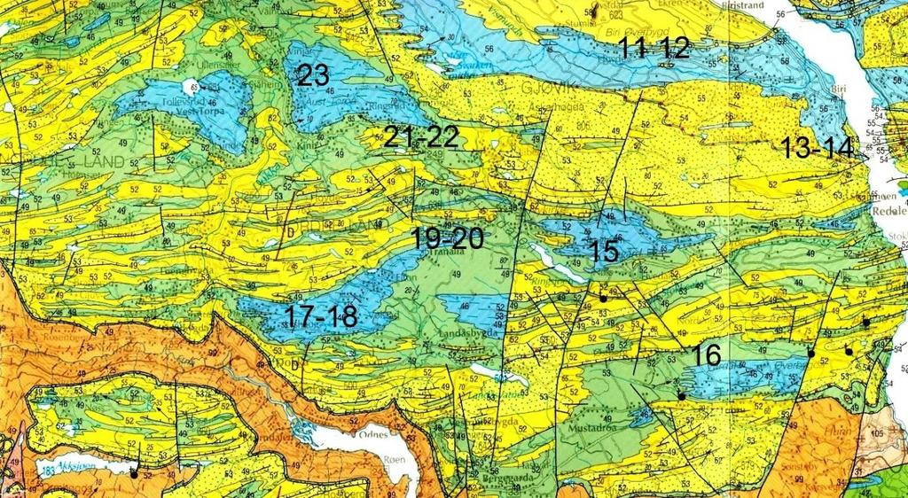 4. DEL 2. GJØVIK - NORDRE LAND (DOKKA) Dette er ganske stort område med mange sjøer, både på sandstein og kalk.