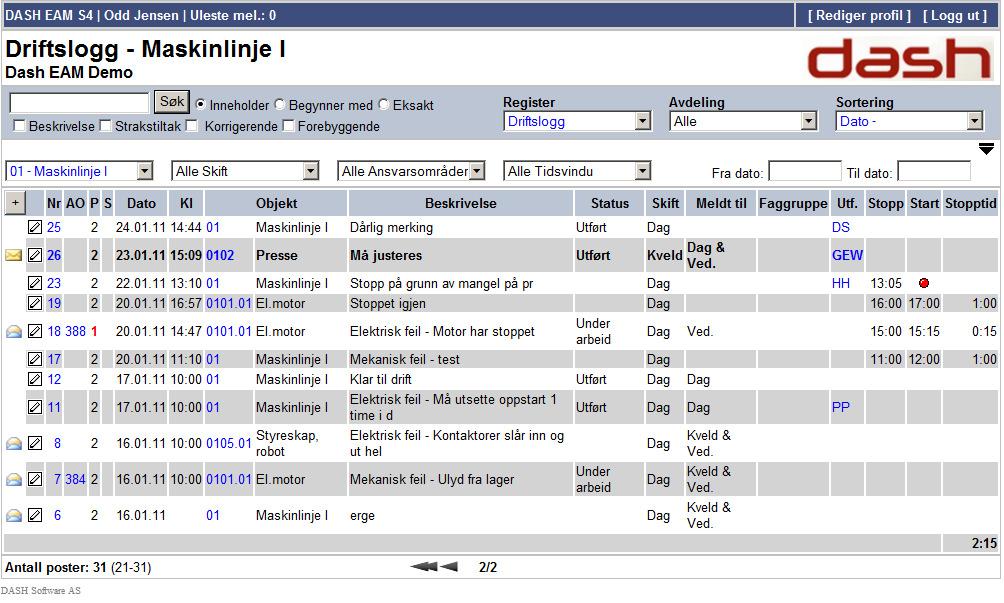 3.0.2 Driftslogg Driftslogg er en hendelseslogg for produksjonen med rekvisisjonsmulighet mot vedlikehold.