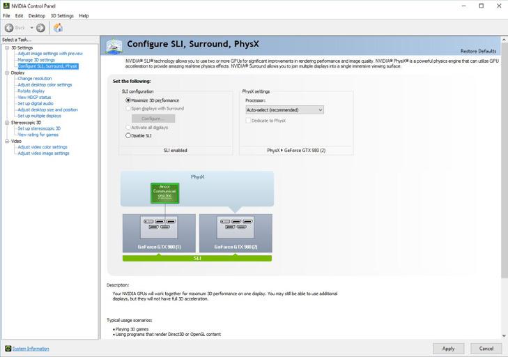 Under 3D-innstillingsmenyen klikker du Configure SLI, Surround, PhysX (Konfigurer SLI, surroundlyd, PhysX). 3. Velg enten Maximize 3D performance (Maksimer 3D-ytelse) (Anbefales) eller Deactivate SLI (Deaktiver SLI) for å aktivere/deaktivere SLImodus.