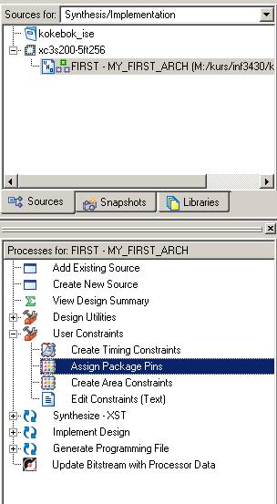 Merk first.vhd og ekspander User Constraints i Process-vinduet. Velg Package Pins høyreklikk Run. Figur 21.