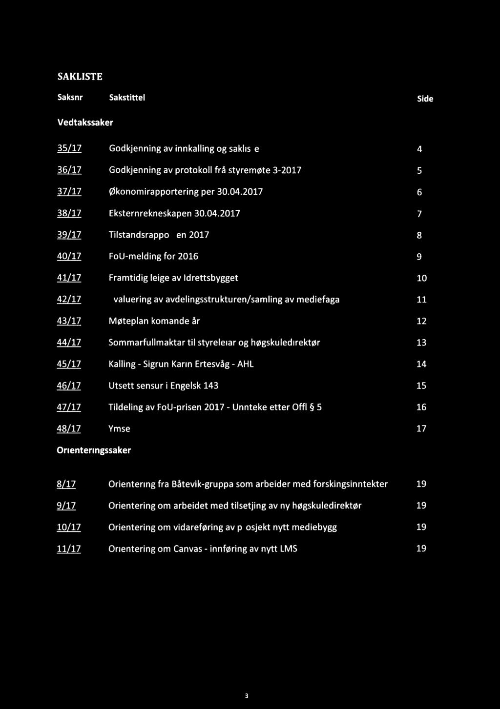 SAKLISTE Saksnr Sakstittel Side ssaker 35/17 Godkjenning av innkalling og sakliste 4 36/17 Godkjenning av protokoll frå styremøte 3-2017 5 37/17 Økonomirapportering per 30.04.