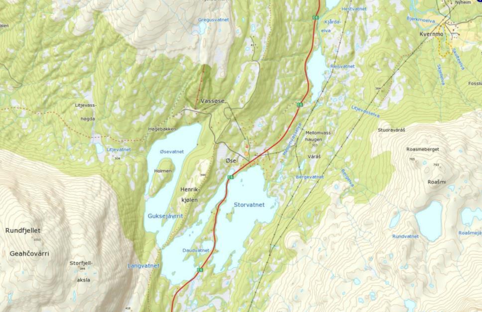 6. BESKRIVELSE AV PLANOMRÅDET (DAGENS SITUASJON) Beliggenhet Planområdet ligger på fjellovergangen Gratangsfjellet like ved E6, omtrent midt mellom Bjerkvik og Gratangsbotn (ca.