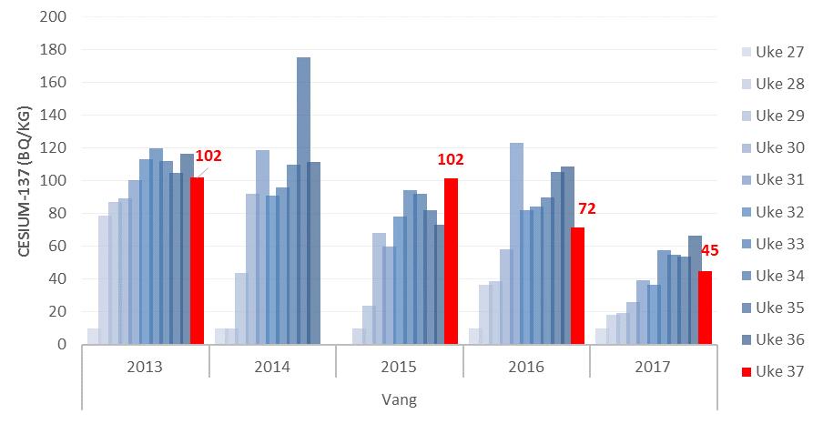 4.1.2 Vang Kumelk Konsentrasjon av cesium-137 i melk fra ubehandlede kyr i besetning 0545 3022 fra Vang i Oppland har i sommer jevnt over ligget lavere enn foregående år.