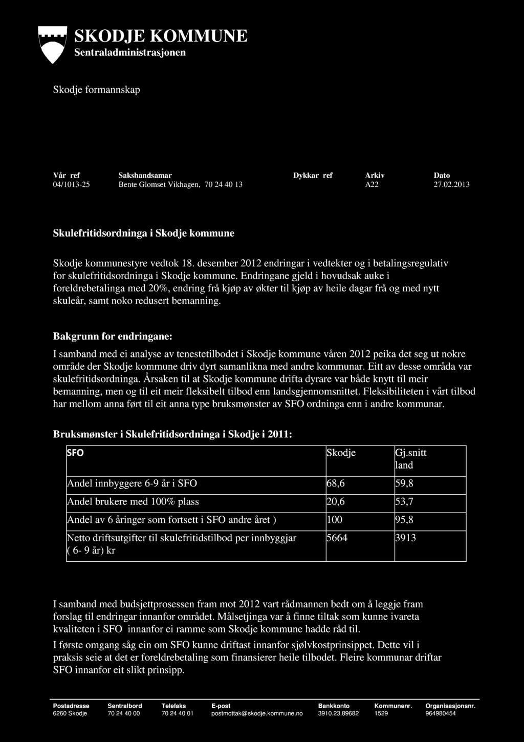 SKODJE KOMMUNE Sentraladministrasjonen Skodjeformannskap Vår ref 04/1013-25 Sakshandsamar BenteGlomsetVikhagen, 70 24 40 13 Dykkar ref Arkiv A22 Dato 27.02.