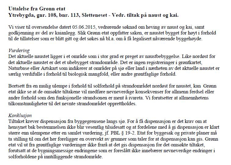 Uttalelse fra Grønn etat