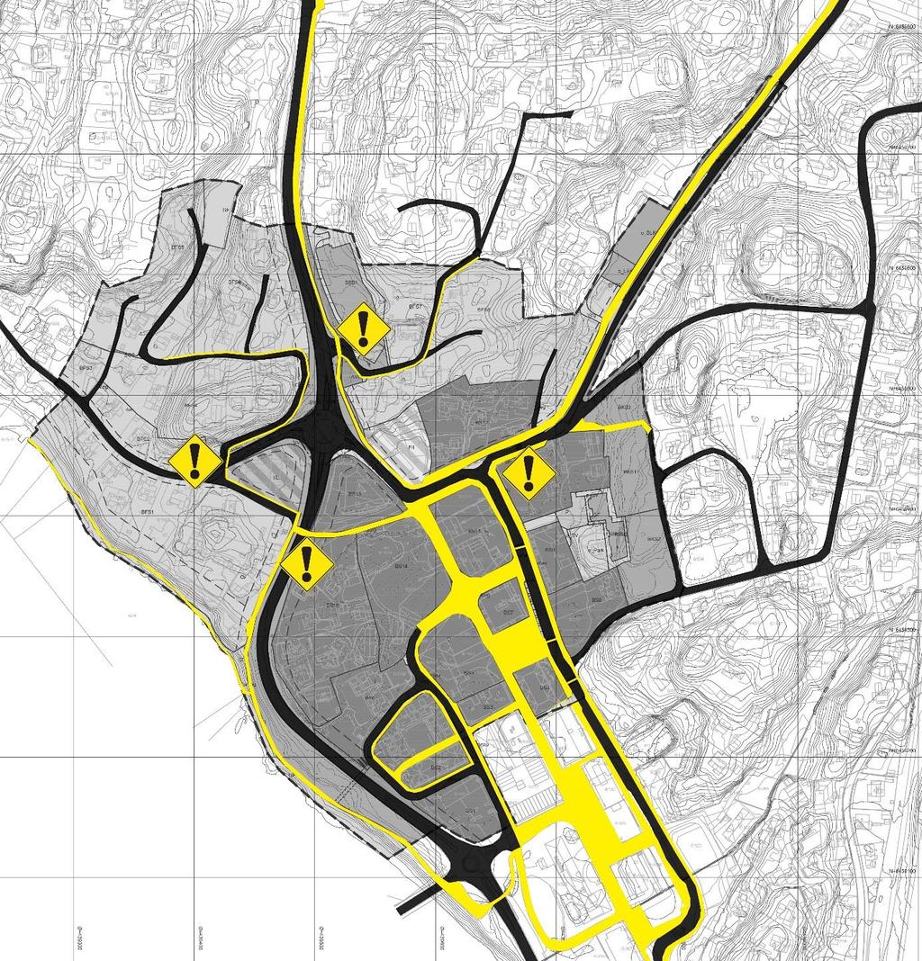 Gående og syklende Vegnett vist i sort, med arealer for gående og syklende i gult med krysningspunkter markert. De viktigste målpunktene for gående og syklende er selve sentrum og skolene.