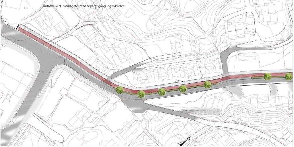 Auravegen Auravegen etableres som gang og sykkelgate. Veibredden smales inn til ett felt for kjørende, med møtelommer.